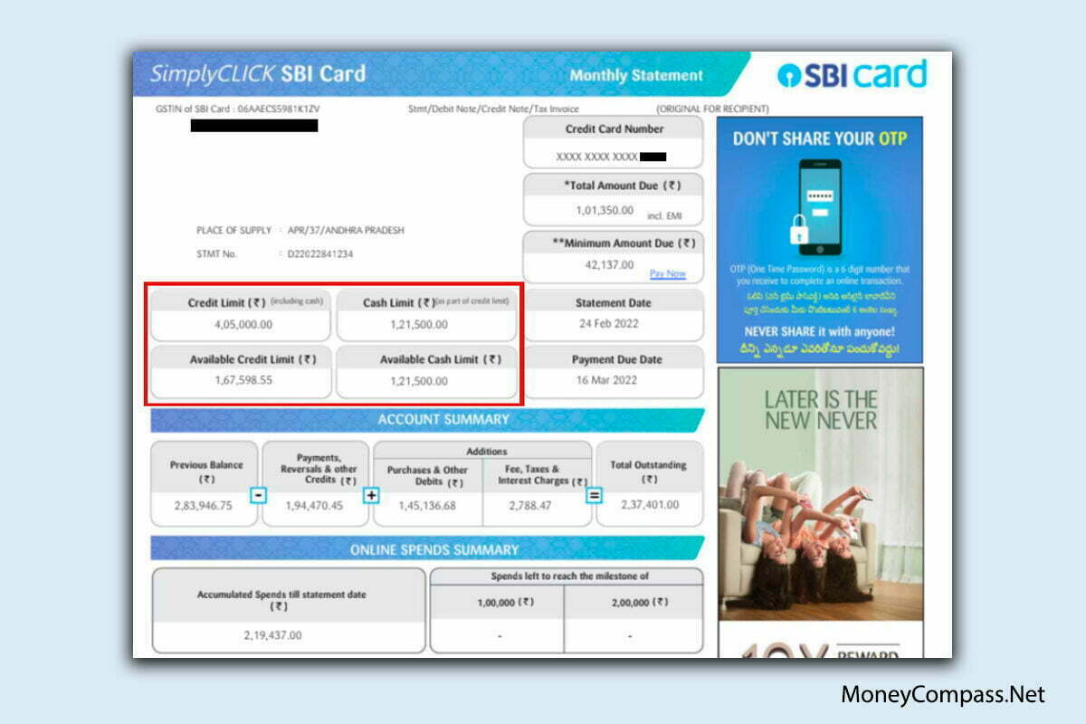 Check SBI Credit Card Limit Through Statement