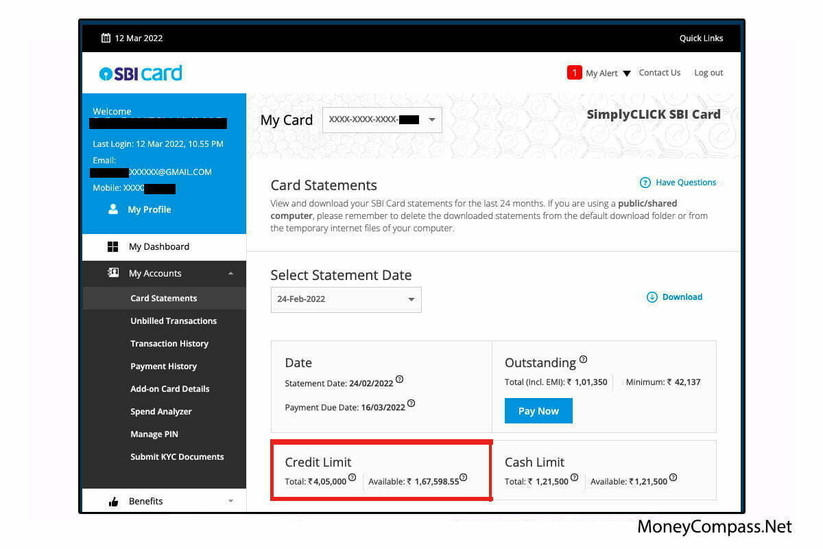 Check SBI Credit Card Limit from SBI Card Website