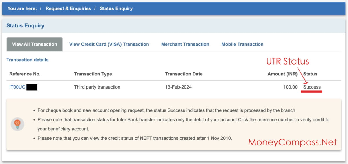 SBI UTR Status