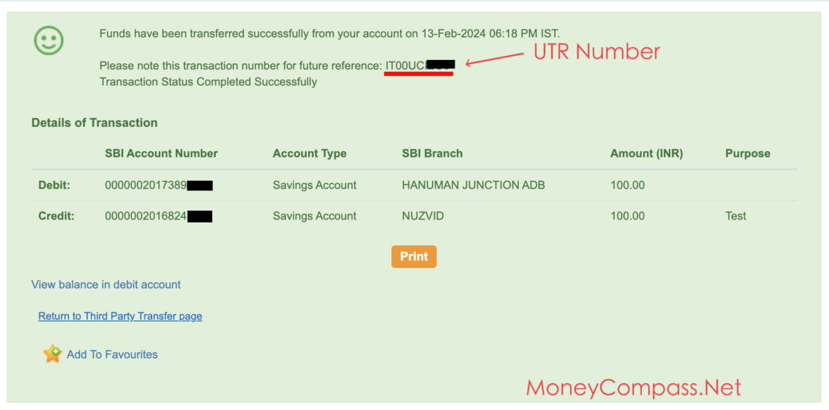 UTR Number SBI