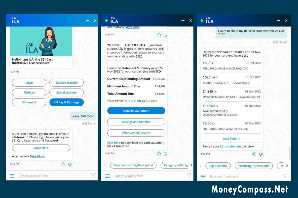 View SBI Card Statement using ILA