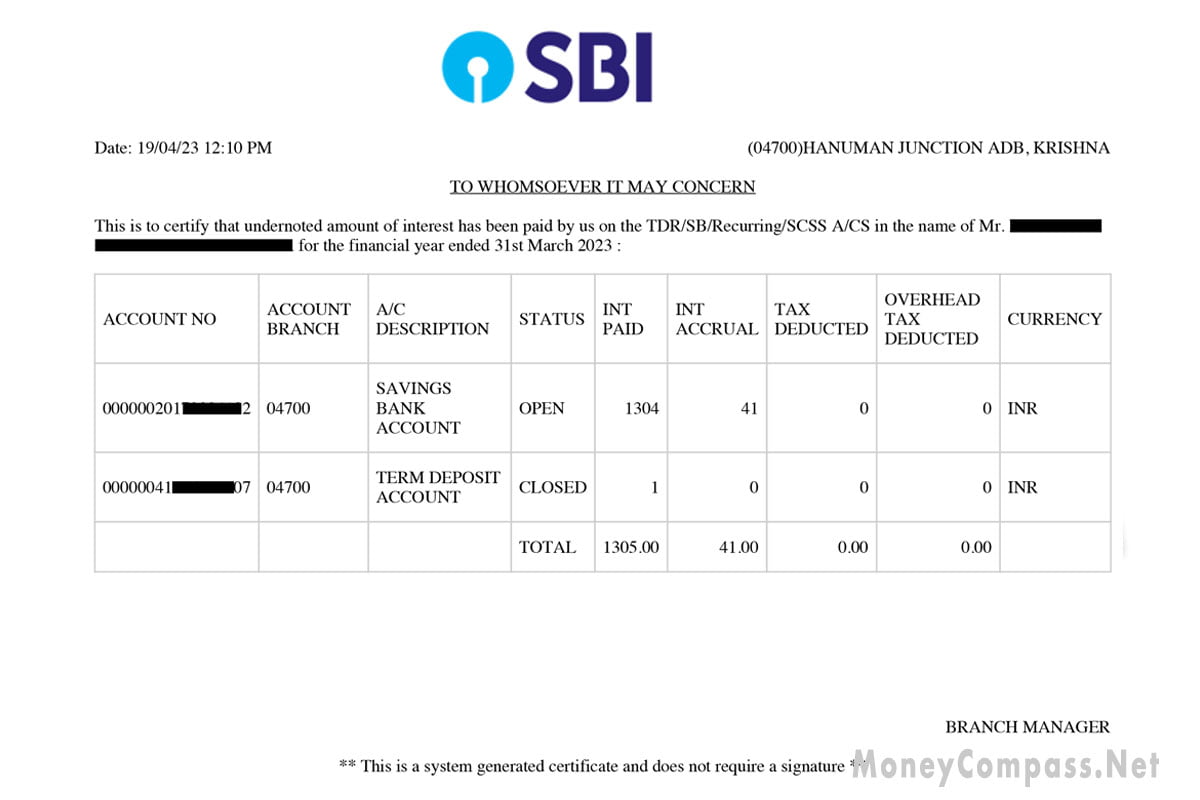 SBI Deposit Interest Certificate